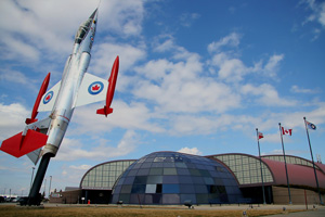 The CF-104 Starfighter pointed to the sky outside the new building