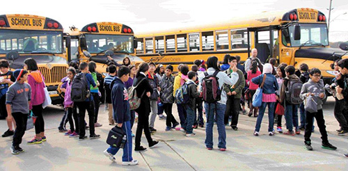 Grade 6 on an Aviation Field Trip arriving at Warplane Museum